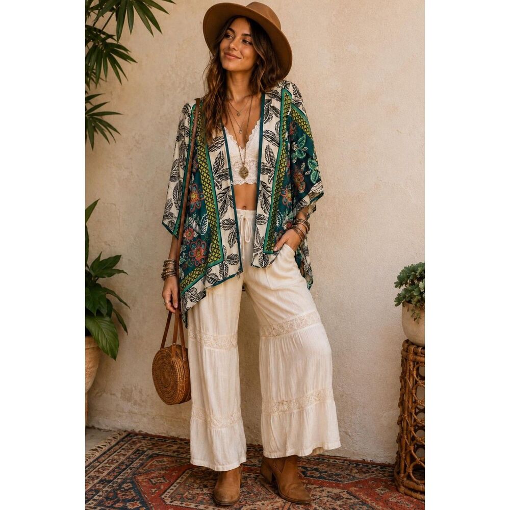 Angie Kimono Duster Blue Teal Floral Topper Open Front Boho Hippie Women's Large